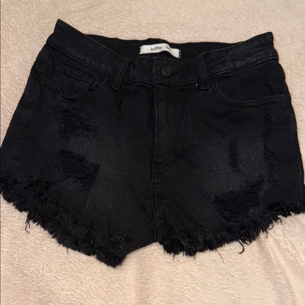 Willow & Root Distressed Black Denim Jean Shorts with Raw Hem from Buckle